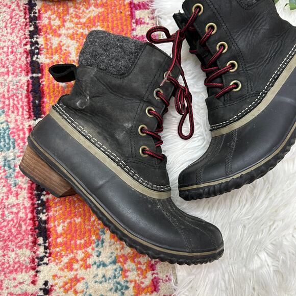 Sorel Black Lace Leather Slimpack II Waterproof Duck Boot Bootie Winter 8 Snow - Picture 2 of 9